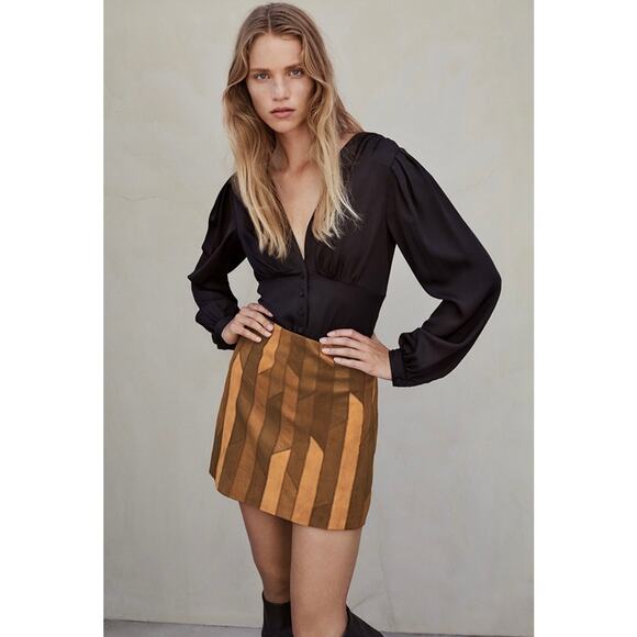 Frame Patchwork Mini Skirt Saddle Suede Leather Brown Tan Shirt Size 29 - Picture 3 of 12